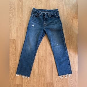 Levis, size 27, ankle length (27”), high waisted, button fly.